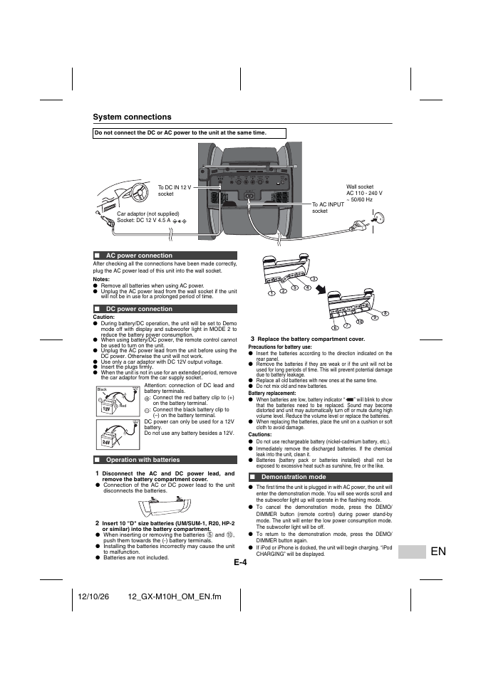 System connections, Ac power connection, Dc power connection | Operation with batteries, Demonstration mode | Sharp GX-M10HOR User Manual | Page 39 / 58