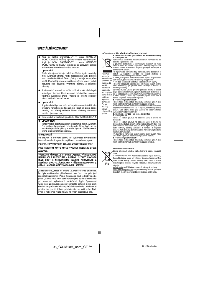 03_gx-m10h_com_cz.fm, Speciální poznámky | Sharp GX-M10HOR User Manual | Page 4 / 58
