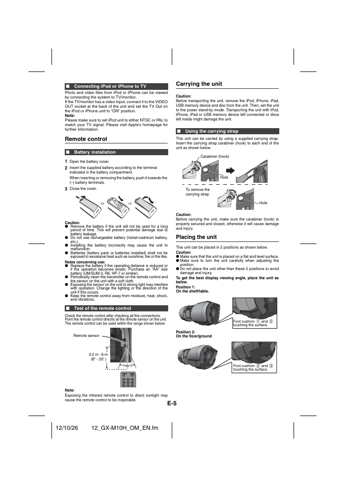 Connecting ipod or iphone to tv, Remote control, Battery installation | Test of the remote control, Carrying the unit, Using the carrying strap, Placing the unit | Sharp GX-M10HOR User Manual | Page 40 / 58