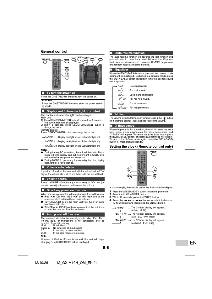 General control, To turn the power on, Display and subwoofer light up control | Volume auto fade-in, Volume control, Direct key power on function, Auto power off function, Auto resume function, Equaliser, Muting | Sharp GX-M10HOR User Manual | Page 41 / 58