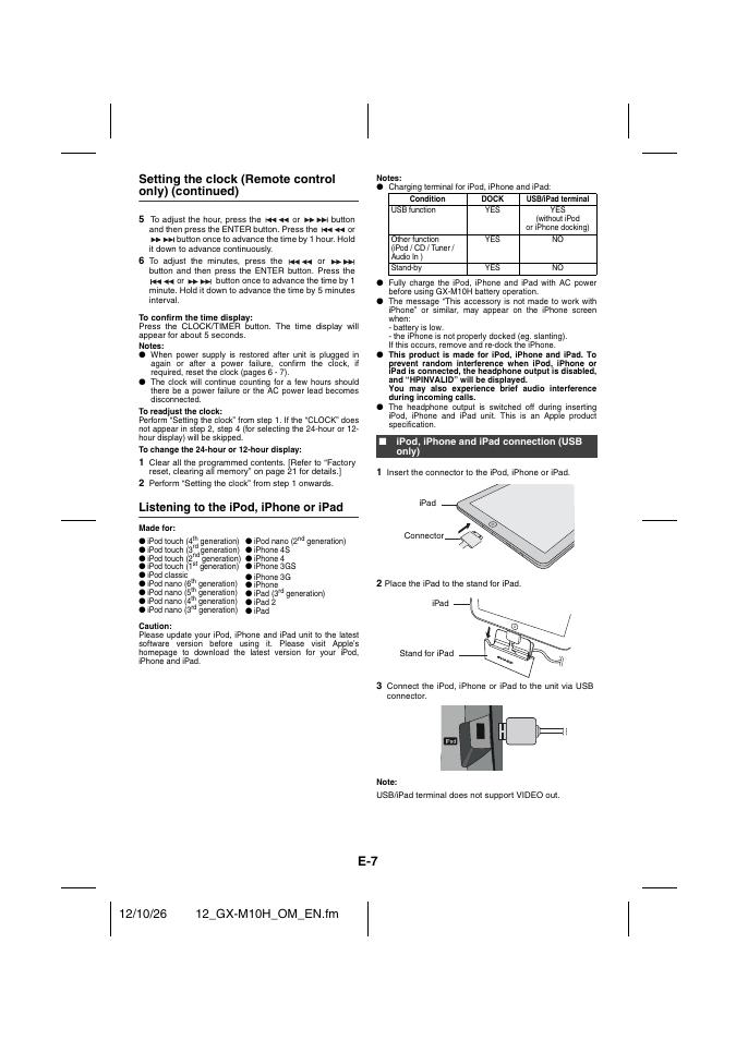 Listening to the ipod, iphone or ipad, Ipod, iphone and ipad connection (usb only) | Sharp GX-M10HOR User Manual | Page 42 / 58