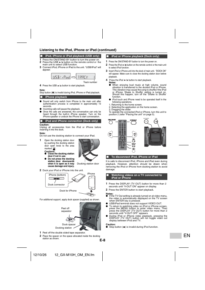 Ipod, iphone or ipad playback (usb only), Iphone playback, Ipod and iphone connection (dock only) | Ipod or iphone playback (dock only), To disconnect ipod, iphone or ipad | Sharp GX-M10HOR User Manual | Page 43 / 58