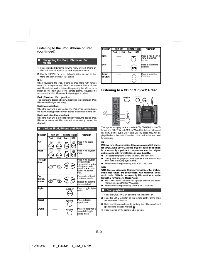 Navigating the ipod, iphone or ipad menus, Various ipod, iphone and ipad functions, Listening to a cd or mp3/wma disc | Disc playback, Listening to the ipod, iphone or ipad (continued) | Sharp GX-M10HOR User Manual | Page 44 / 58