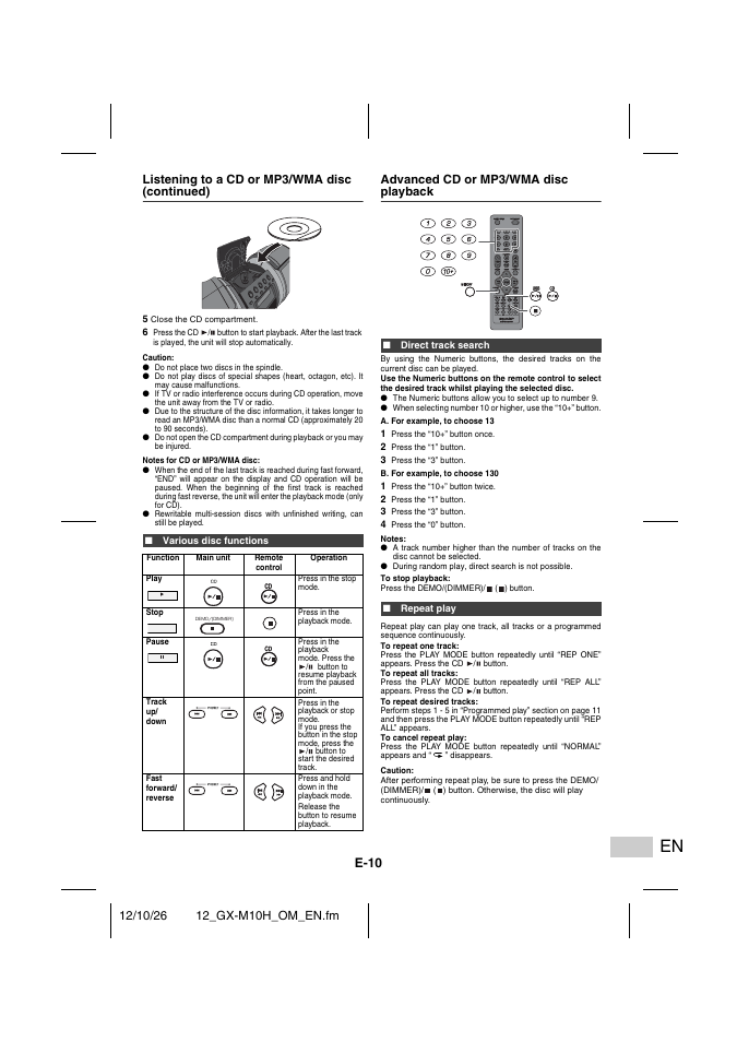 Various disc functions, Advanced cd or mp3/wma disc playback, Direct track search | Repeat play, E-10, Listening to a cd or mp3/wma disc (continued) | Sharp GX-M10HOR User Manual | Page 45 / 58