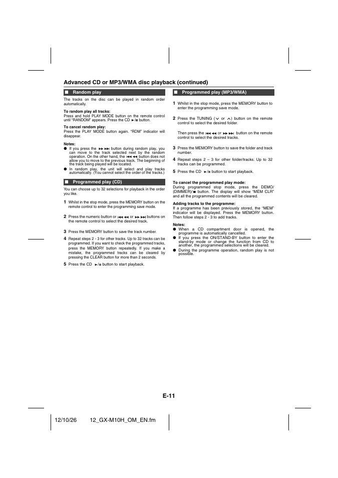 Random play, Programmed play (cd), Programmed play (mp3/wma) | E-11, Advanced cd or mp3/wma disc playback (continued) | Sharp GX-M10HOR User Manual | Page 46 / 58