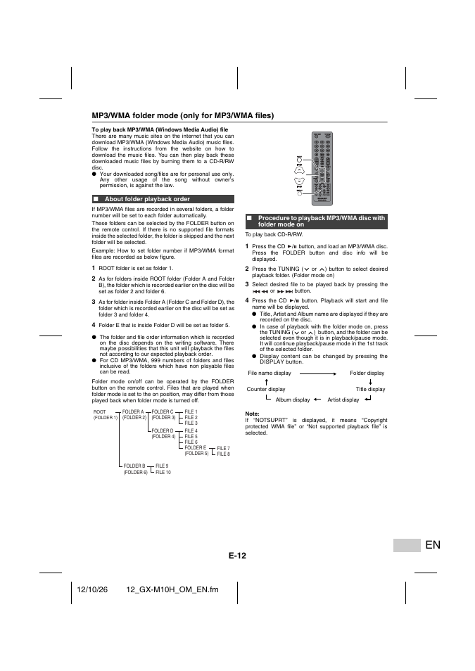 Mp3/wma folder mode (only for mp3/wma files), About folder playback order, E-12 | Sharp GX-M10HOR User Manual | Page 47 / 58