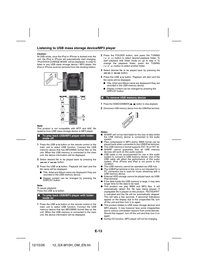 Listening to usb mass storage device/mp3 player, To play back usb/mp3 player with folder mode off, To play back usb/mp3 player with folder mode on | To remove usb memory device, E-13 | Sharp GX-M10HOR User Manual | Page 48 / 58