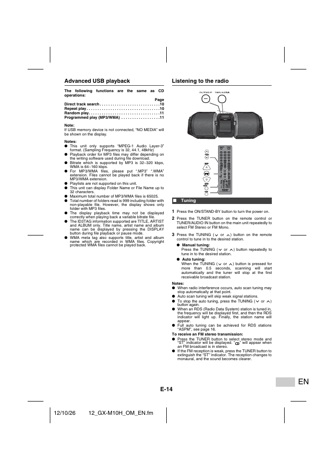 Advanced usb playback, Listening to the radio, Tuning | E-14 | Sharp GX-M10HOR User Manual | Page 49 / 58