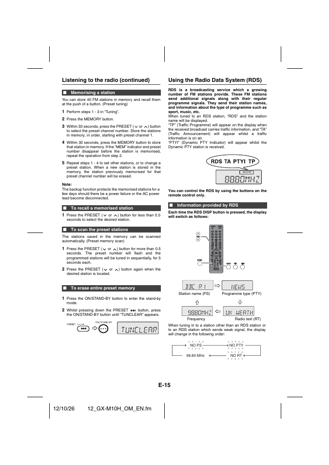 Memorising a station, To recall a memorised station, To scan the preset stations | To erase entire preset memory, Using the radio data system (rds), Information provided by rds, E-15, Listening to the radio (continued) | Sharp GX-M10HOR User Manual | Page 50 / 58