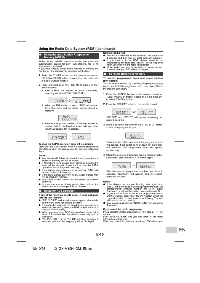 Using the auto station programme memory (aspm), Notes for rds operation, To recall stations in memory | E-16, Using the radio data system (rds) (continued) | Sharp GX-M10HOR User Manual | Page 51 / 58