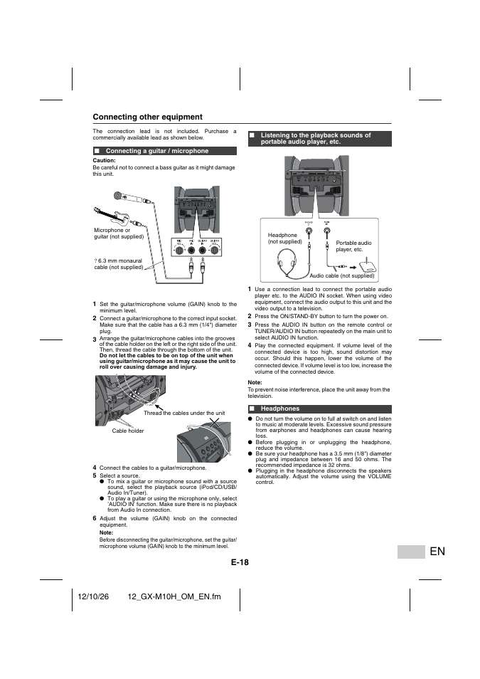 Connecting other equipment, Connecting a guitar / microphone, Headphones | E-18 | Sharp GX-M10HOR User Manual | Page 53 / 58