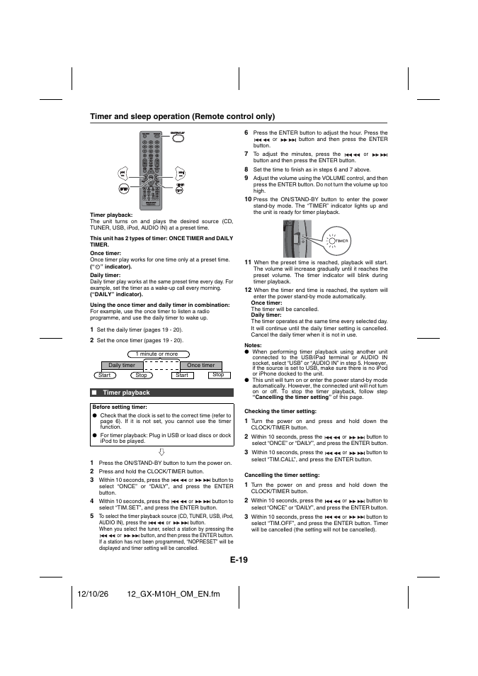 Timer and sleep operation (remote control only), Timer playback, E-19 | Sharp GX-M10HOR User Manual | Page 54 / 58