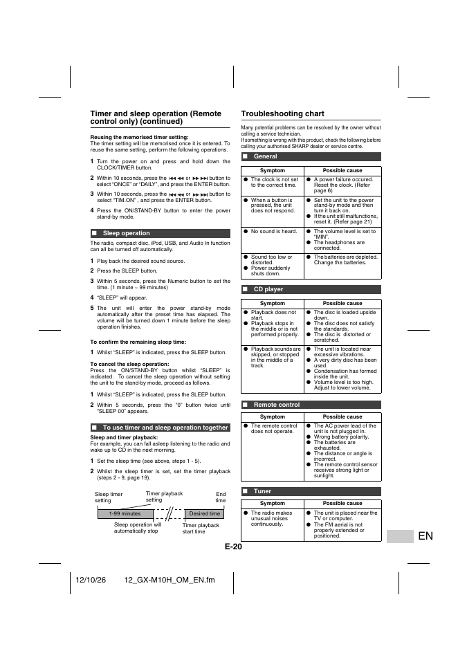 Sleep operation, To use timer and sleep operation together, Troubleshooting chart | General, Cd player, Remote control, Tuner, E-20 | Sharp GX-M10HOR User Manual | Page 55 / 58