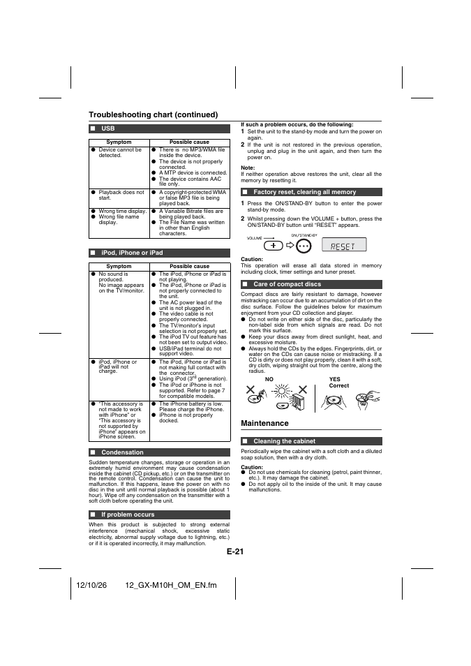 Ipod, iphone or ipad, Condensation, If problem occurs | Factory reset, clearing all memory, Care of compact discs, Maintenance, Cleaning the cabinet, E-21, Troubleshooting chart (continued) | Sharp GX-M10HOR User Manual | Page 56 / 58