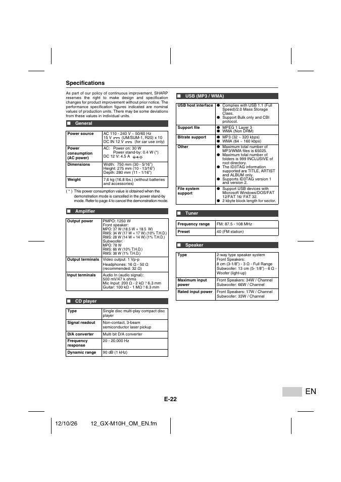 Specifications, General, Amplifier | Cd player, Usb (mp3 / wma), Tuner, Speaker, E-22, Black red | Sharp GX-M10HOR User Manual | Page 57 / 58