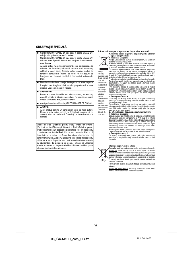 06_gx-m10h_com_ro.fm, Observaţie specială | Sharp GX-M10HOR User Manual | Page 7 / 58