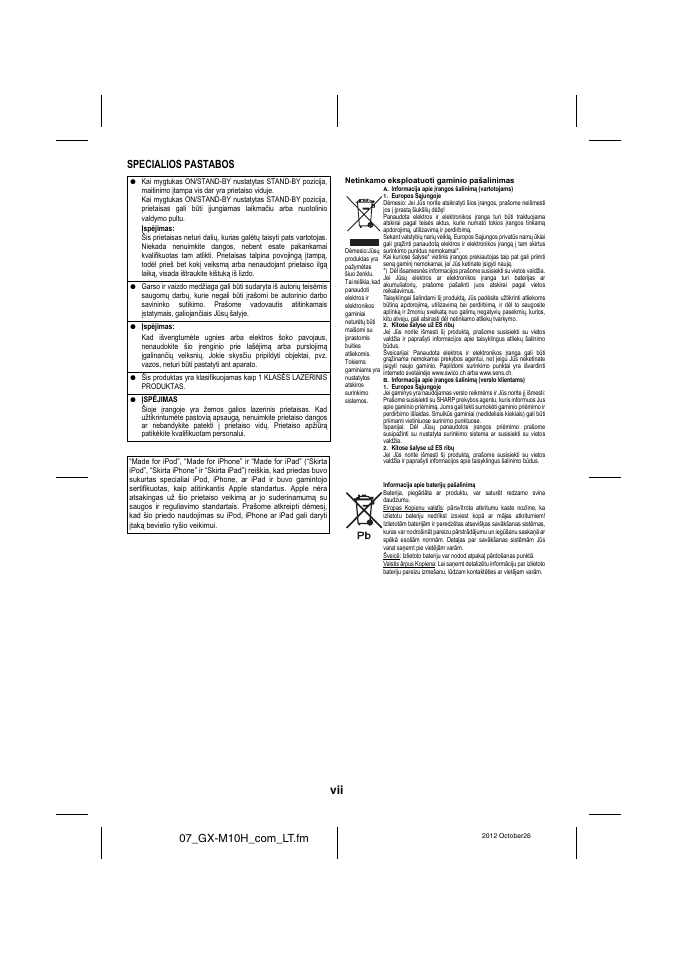 07_gx-m10h_com_lt.fm, Specialios pastabos | Sharp GX-M10HOR User Manual | Page 8 / 58