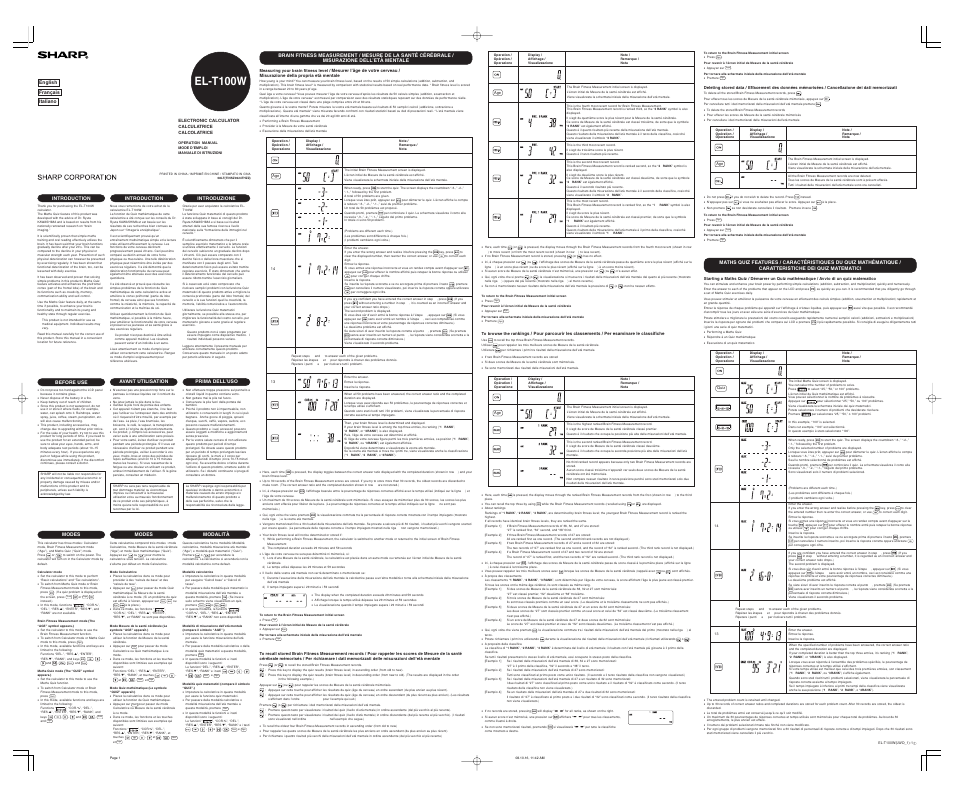 Sharp EL-T100WB User Manual | 2 pages