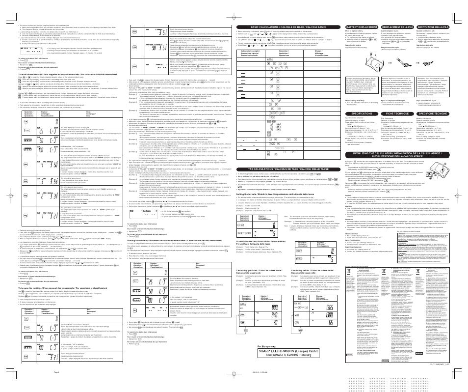 Sharp EL-T100WB User Manual | Page 2 / 2