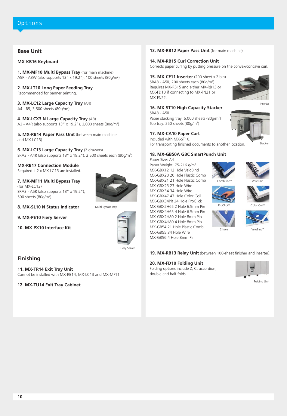 Options, Base unit, Finishing | Sharp MX-7500N User Manual | Page 10 / 12