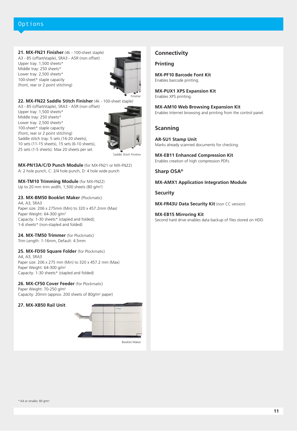 Options, Connectivity, Scanning | Printing, Sharp osa, Security | Sharp MX-7500N User Manual | Page 11 / 12