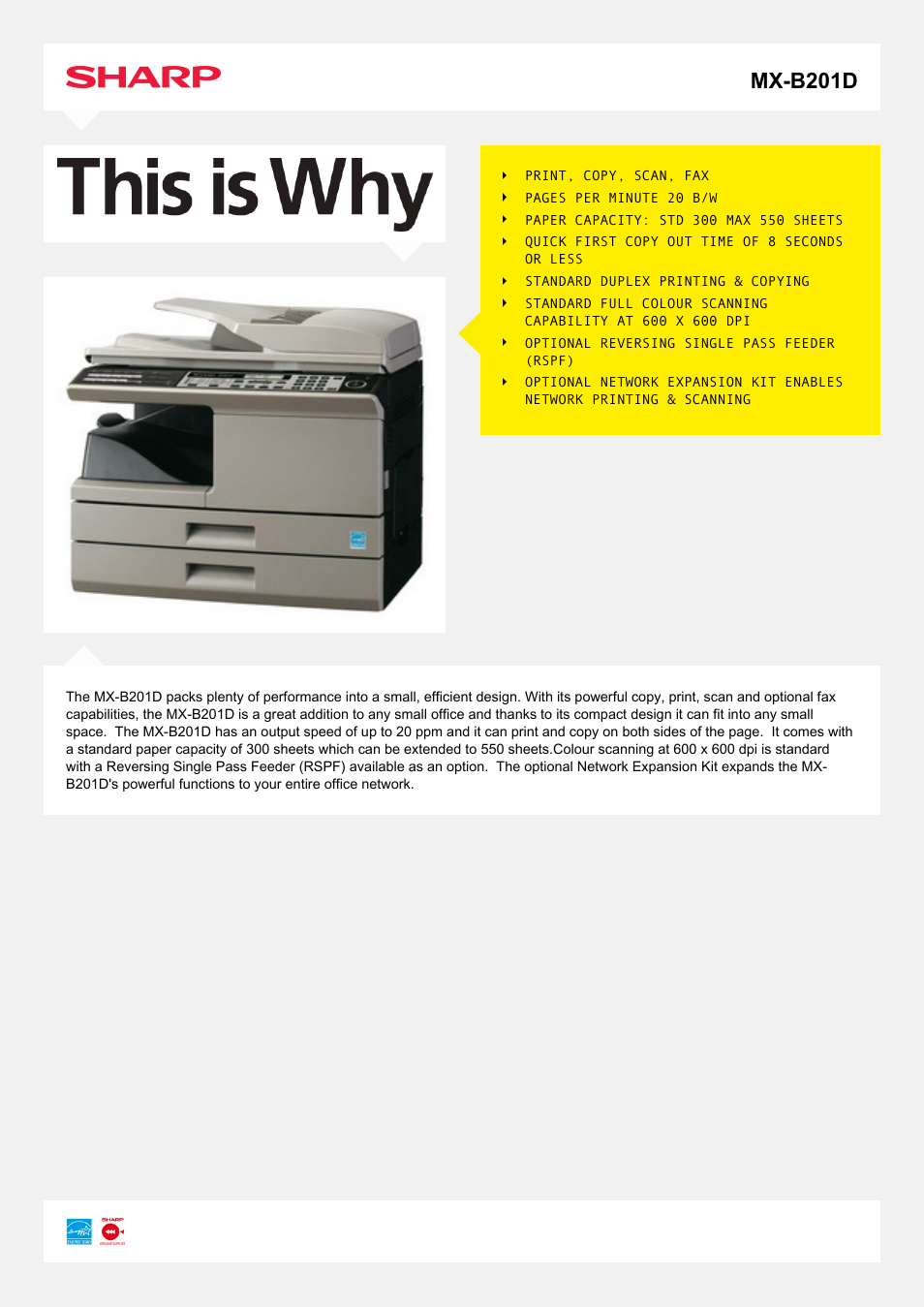 Sharp MX-B201D User Manual | 2 pages