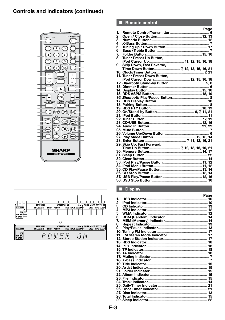 Remote control, Display, E-3 controls and indicators (continued) | Sharp DK-KP85PH User Manual | Page 12 / 34
