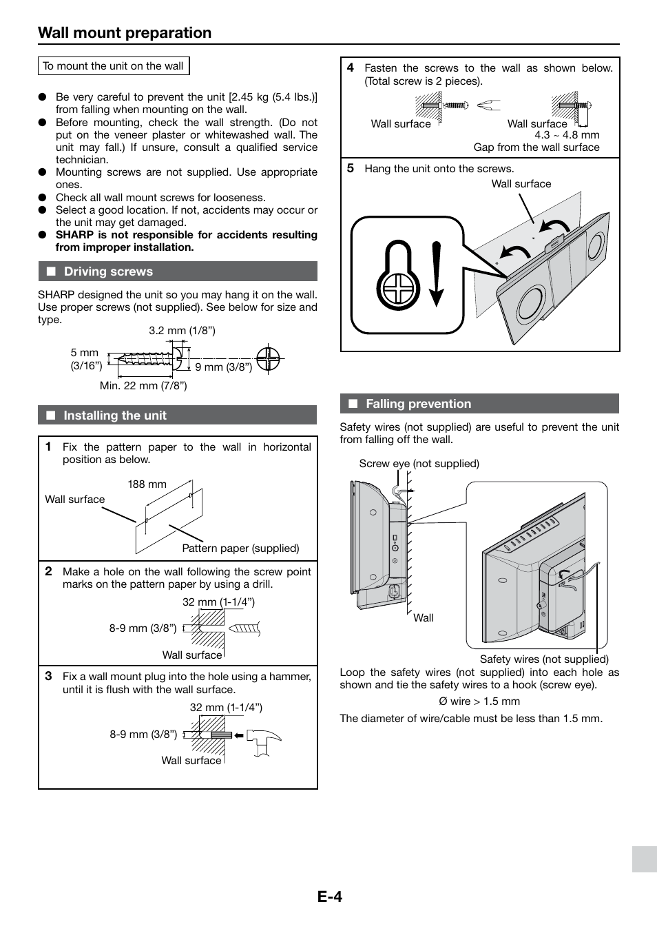 Wall mount preparation, Driving screws, Installing the unit | Falling prevention | Sharp DK-KP85PH User Manual | Page 13 / 34