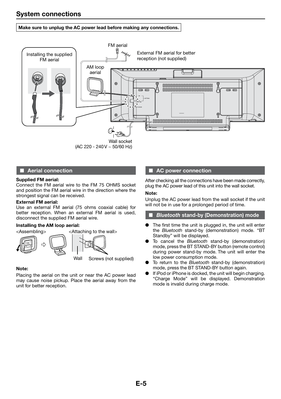 System connections, Aerial connection, Ac power connection | Bluetooth stand-by (demonstration) mode | Sharp DK-KP85PH User Manual | Page 14 / 34