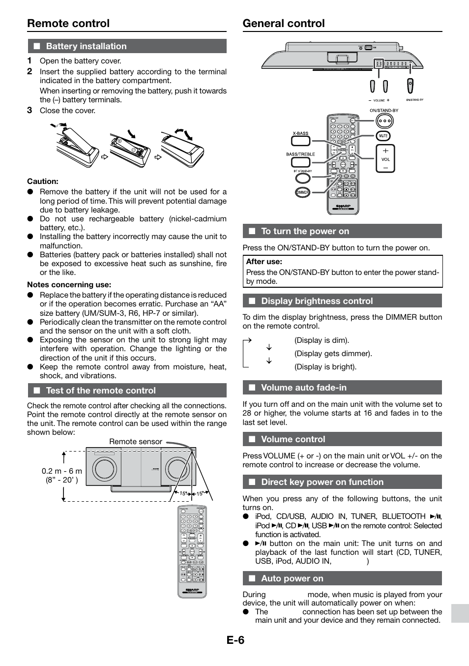 Remote control, General control, Battery installation | Test of the remote control, To turn the power on, Display brightness control, Volume auto fade-in, Volume control, Direct key power on function, Auto power on | Sharp DK-KP85PH User Manual | Page 15 / 34