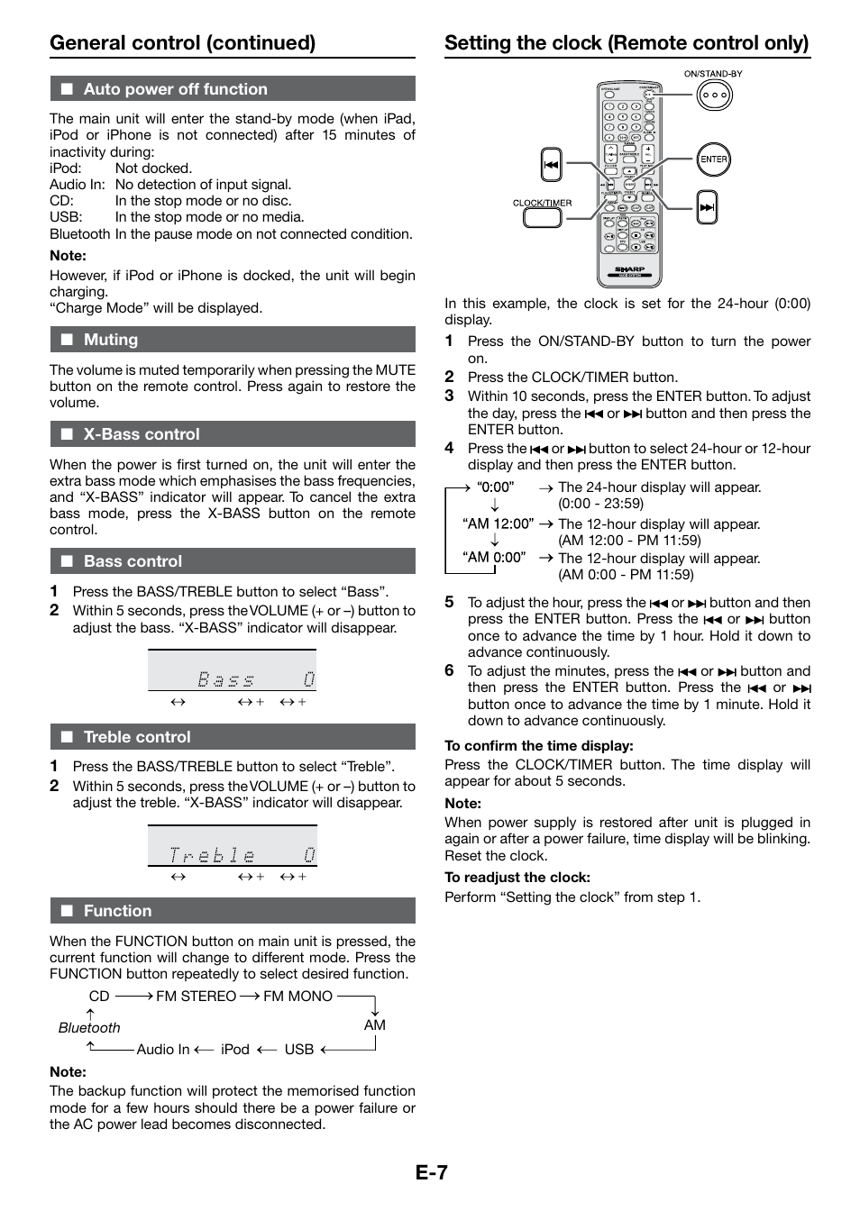 Setting the clock (remote control only), Auto power off function, Muting | X-bass control, Bass control, Treble control, Function, E-7 general control (continued) | Sharp DK-KP85PH User Manual | Page 16 / 34