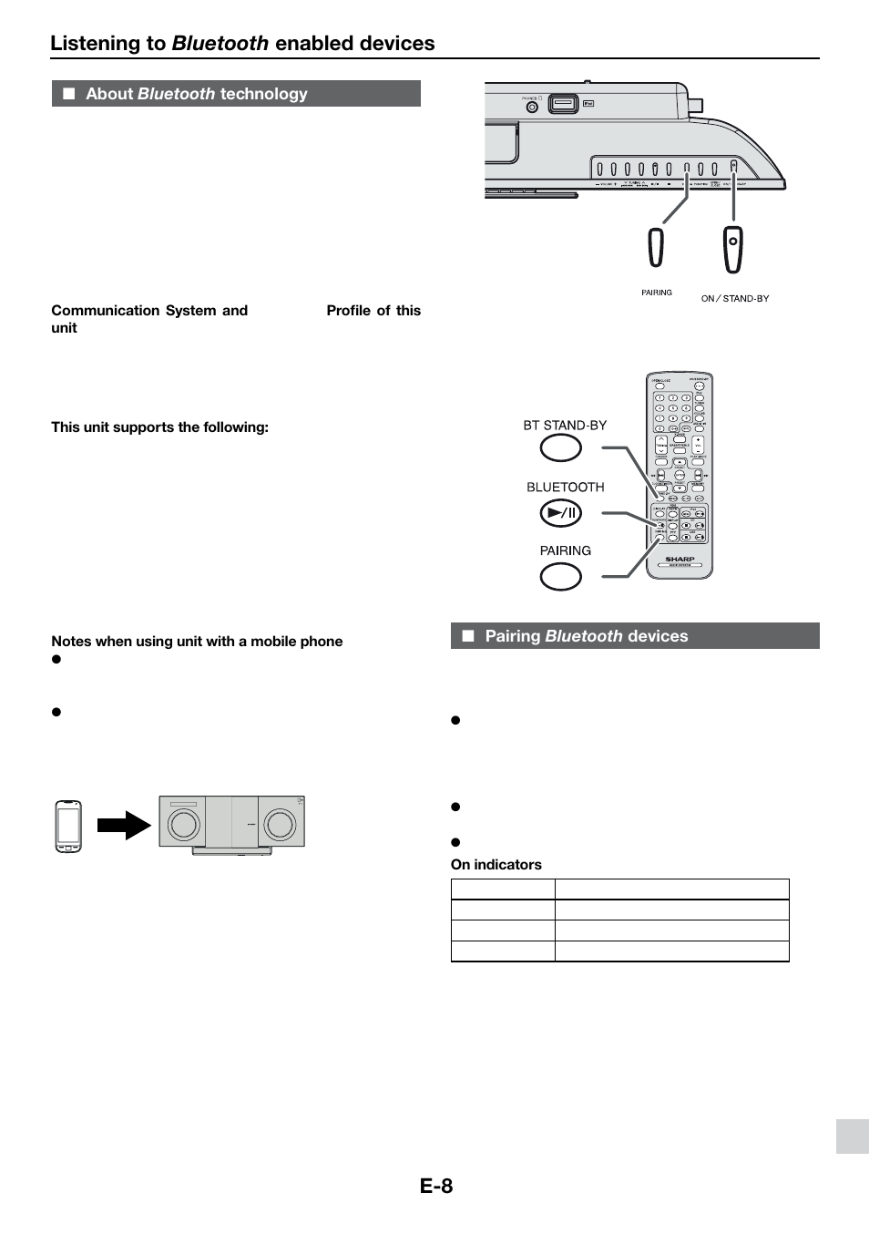 Listening to bluetooth enabled devices, About bluetooth technology, Pairing bluetooth devices | Sharp DK-KP85PH User Manual | Page 17 / 34