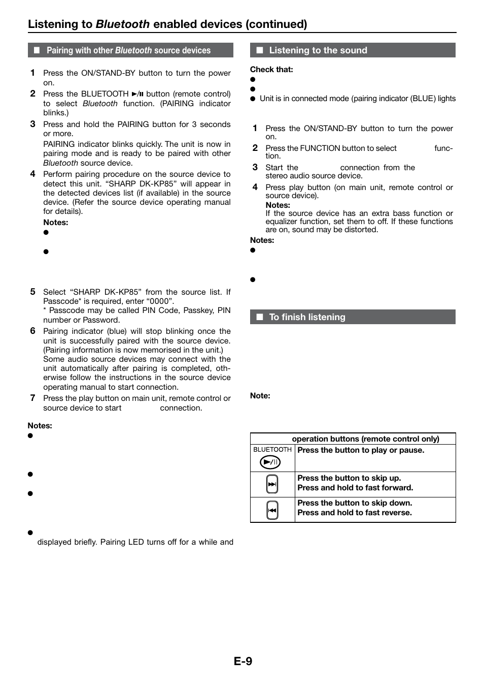 Pairing with other bluetooth source devices, Listening to the sound, To finish listening | Listening to bluetooth enabled devices (continued) | Sharp DK-KP85PH User Manual | Page 18 / 34
