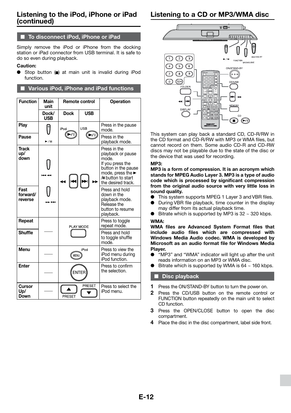 Listening to a cd or mp3/wma disc, To disconnect ipod, iphone or ipad, Various ipod, iphone and ipad functions | Disc playback, E-12, Listening to the ipod, iphone or ipad (continued) | Sharp DK-KP85PH User Manual | Page 21 / 34