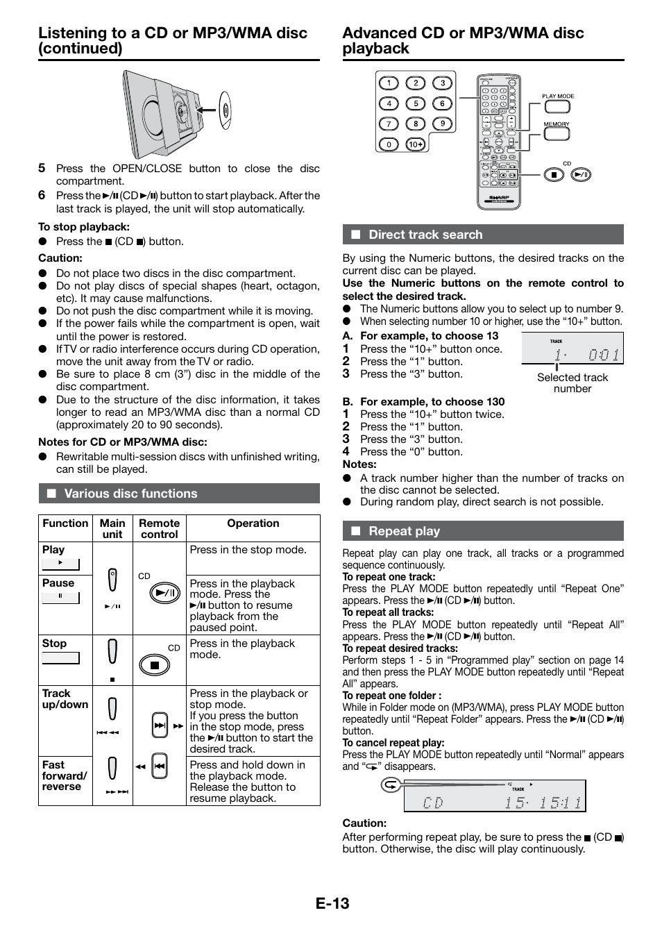 Advanced cd or mp3/wma disc playback, Various disc functions, Direct track search | Repeat play, E-13 listening to a cd or mp3/wma disc (continued) | Sharp DK-KP85PH User Manual | Page 22 / 34
