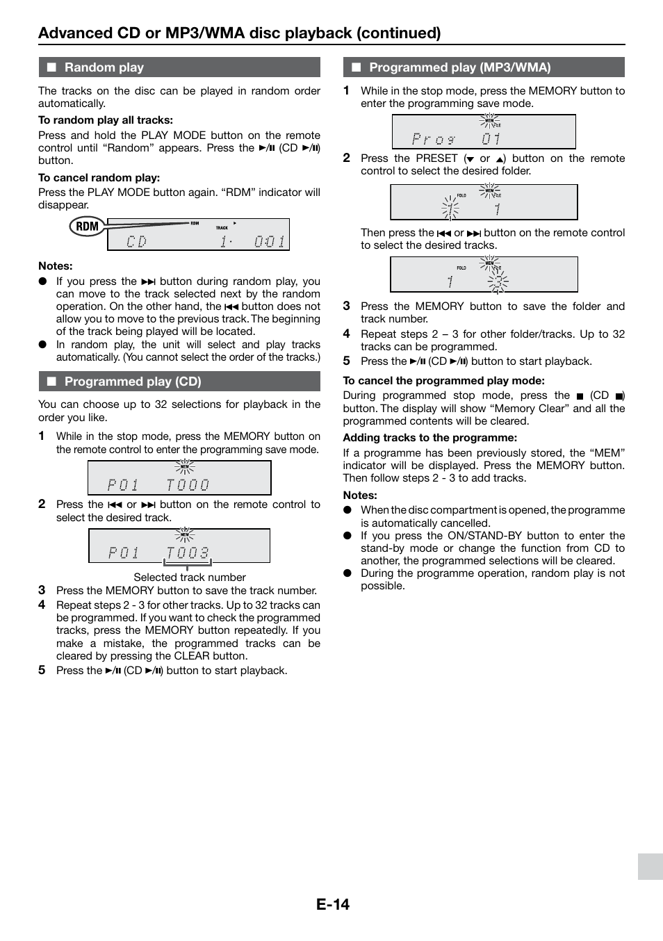 Random play, Programmed play (cd), Programmed play (mp3/wma) | E-14, Advanced cd or mp3/wma disc playback (continued) | Sharp DK-KP85PH User Manual | Page 23 / 34