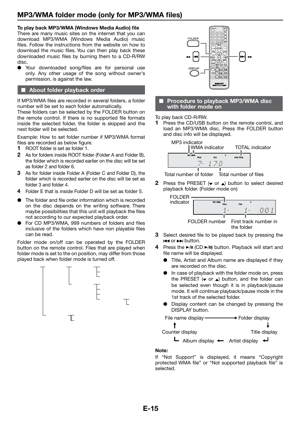 Mp3/wma folder mode (only for mp3/wma files), About folder playback order, E-15 | Sharp DK-KP85PH User Manual | Page 24 / 34