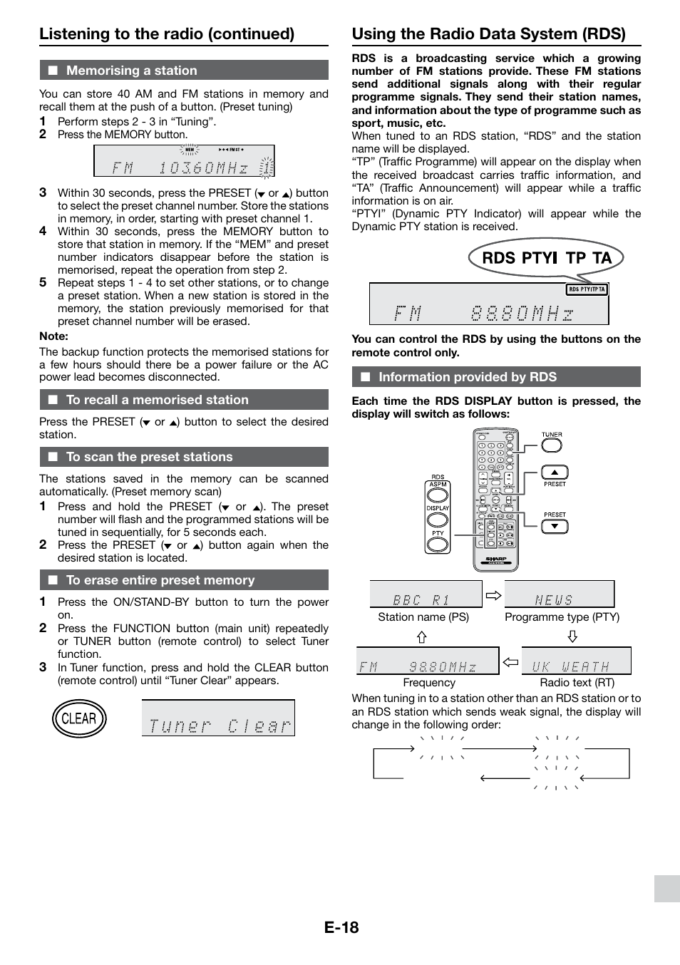 Using the radio data system (rds), Memorising a station, To recall a memorised station | To scan the preset stations, To erase entire preset memory, Information provided by rds, E-18, Listening to the radio (continued) | Sharp DK-KP85PH User Manual | Page 27 / 34