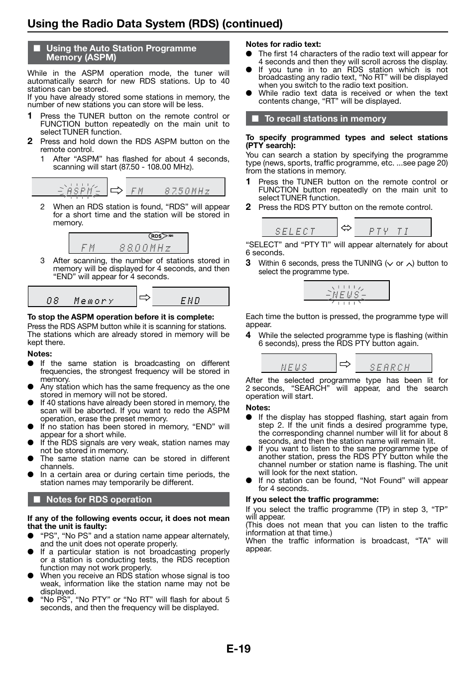 Using the auto station programme memory (aspm), Notes for rds operation, To recall stations in memory | E-19 using the radio data system (rds) (continued) | Sharp DK-KP85PH User Manual | Page 28 / 34