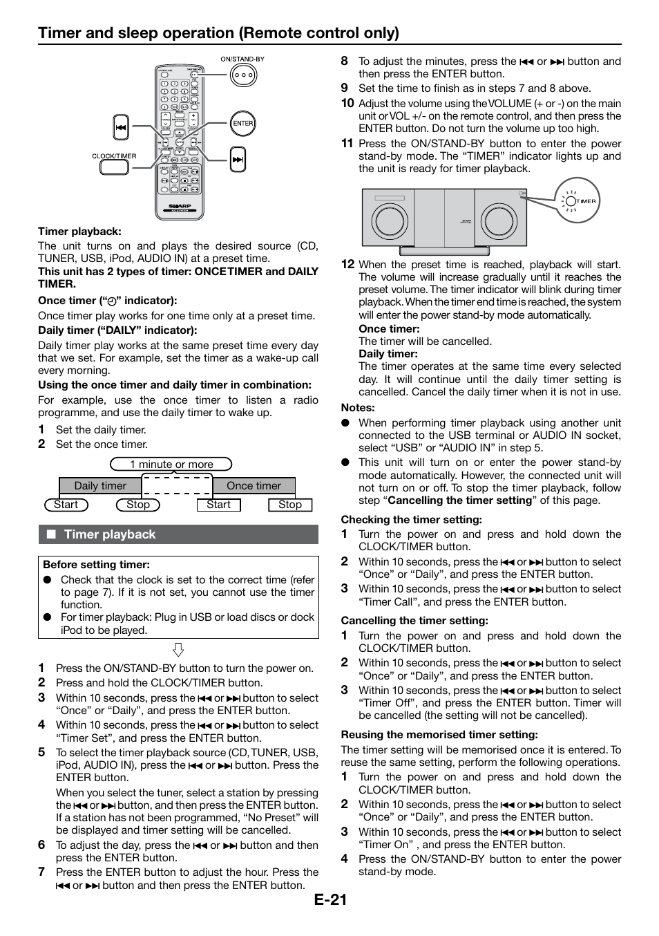 Timer and sleep operation (remote control only), Timer playback | Sharp DK-KP85PH User Manual | Page 30 / 34