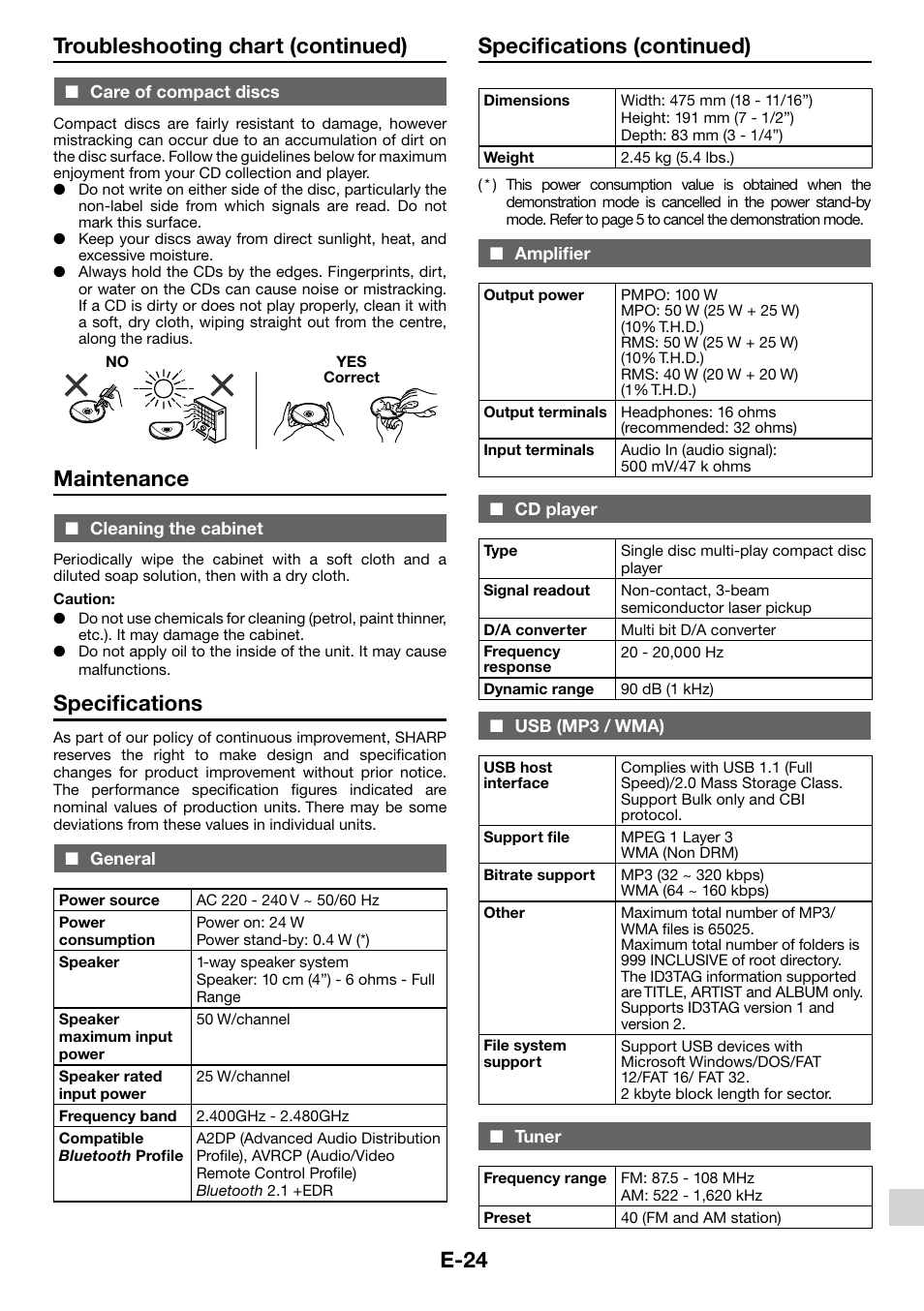 Maintenance, Specifications, Care of compact discs | Cleaning the cabinet, General, Amplifier, Cd player, Usb (mp3 / wma), Tuner, E-24 | Sharp DK-KP85PH User Manual | Page 33 / 34