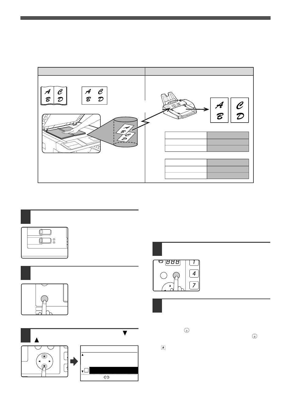 Faxing a divided original, Dual page scan), Selecting dual page scan | Make sure that the machine is in fax mode, Press the [special function] key, Select "dual pages" with the [ ] or [ ] key, Press the [ok] key | Sharp MX-M232D User Manual | Page 44 / 119