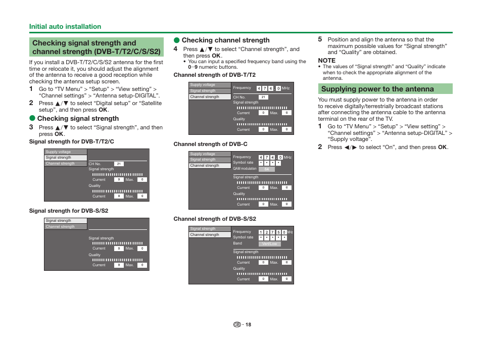 Supplying power to the antenna, Checking signal strength 3, Checking channel strength 4 | Initial auto installation | Sharp LC-90LE757K User Manual | Page 20 / 94
