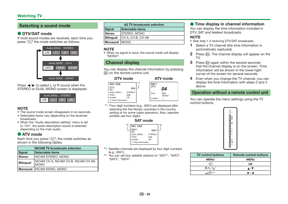 Selecting a sound mode, Channel display, Operation without a remote control unit | Sharp LC-90LE757K User Manual | Page 22 / 94