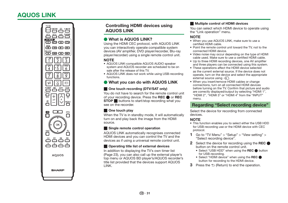 Aquos link | Sharp LC-90LE757K User Manual | Page 33 / 94