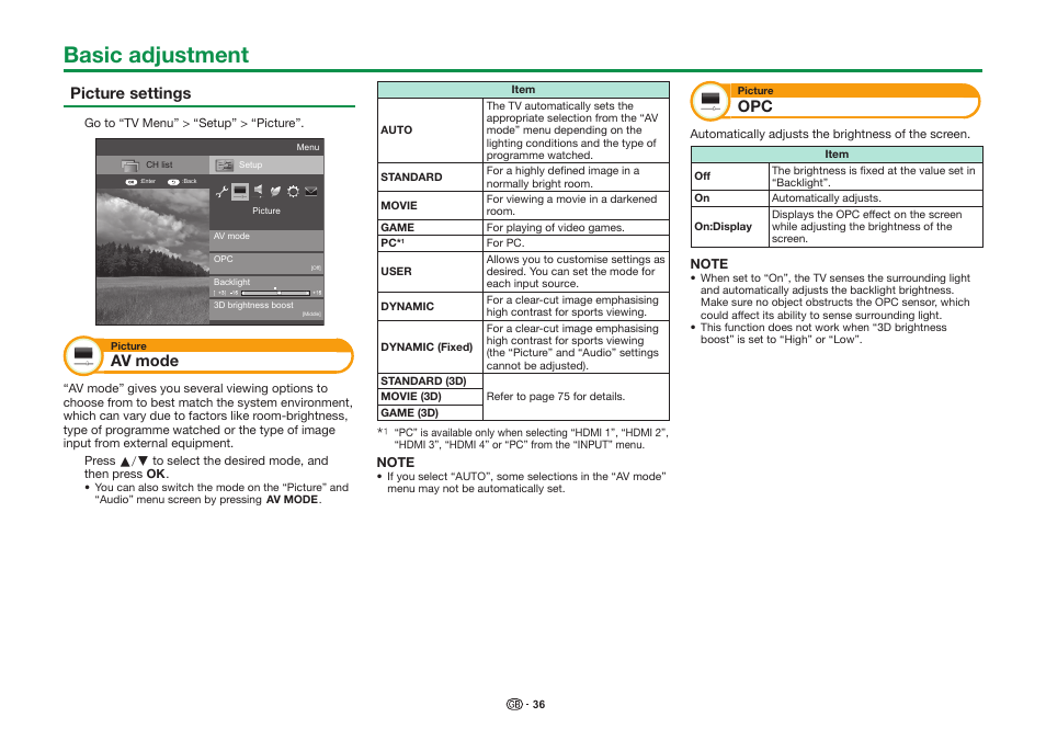 Basic adjustment, Picture settings, Av mode | Sharp LC-90LE757K User Manual | Page 38 / 94