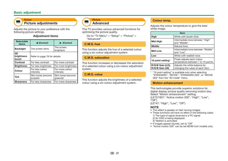 Picture adjustments, Advanced | Sharp LC-90LE757K User Manual | Page 39 / 94