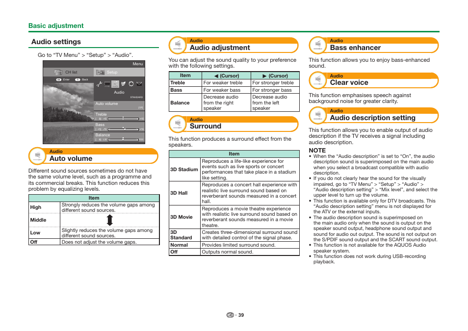 Audio settings, Auto volume, Audio adjustment | Surround, Bass enhancer, Clear voice, Audio description setting | Sharp LC-90LE757K User Manual | Page 41 / 94