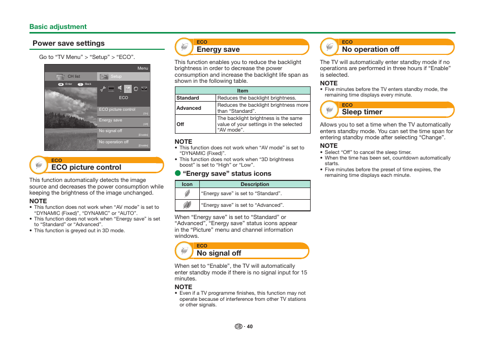 Power save settings, Eco picture control, Energy save | No signal off, No operation off, Sleep timer | Sharp LC-90LE757K User Manual | Page 42 / 94