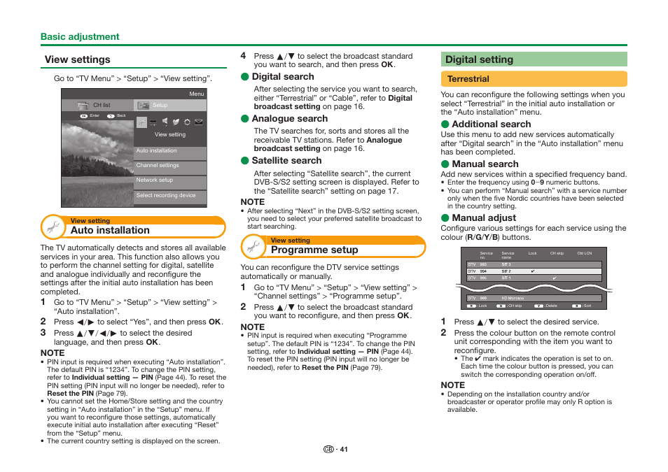 View settings, Auto installation, Programme setup | Digital setting | Sharp LC-90LE757K User Manual | Page 43 / 94